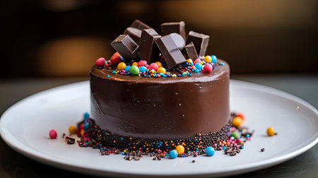 A beautifully crafted chocolate cake features a rich frosting topped with colorful sprinkles and chocolate chunks, perfect for any dessert lover.の素材