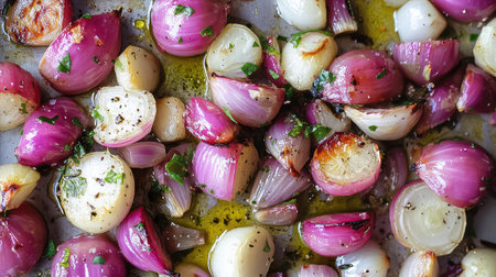 This image showcases vibrant roasted onions, glistening with herbs, arranged beautifully on a baking sheet. Perfect for culinary inspirations.の素材