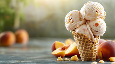 A delightful cone filled with creamy ice cream showcasing a peach flavor, accompanied by fresh slices, perfect for a summer treat or dessert.の素材