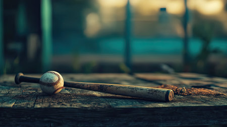 This image showcases a vintage baseball bat and ball resting on a rustic wooden table, capturing a nostalgic moment in sports with warm lighting.の素材