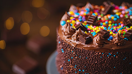 This enchanting chocolate cake features a rich frosting, colorful sprinkles, and delectable chocolate squares, perfect for celebrations and sweet moments.の素材
