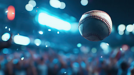 A thrilling moment captured as a baseball flies through the air, surrounded by vibrant lights and an enthusiastic crowd, creating a high-energy sports atmosphere.の素材
