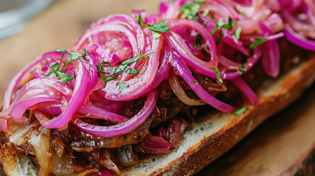 A mouthwatering gourmet sandwich featuring tender meat topped with vibrant pink onions and fresh herbs, set against a rustic wooden background. Perfect for food lovers.の素材