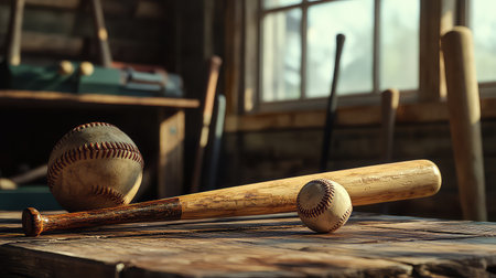 A rustic scene featuring vintage baseball equipment, including a wooden bat and balls resting on a weathered table. Perfect for sports enthusiasts.の素材
