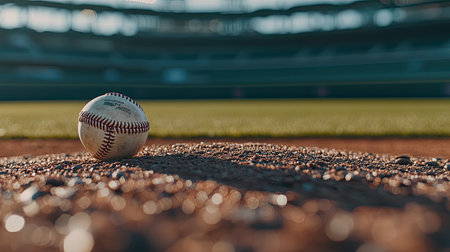 A close-up view of a baseball resting on the ground in a stadium. Blurred background features a vibrant field, conveying the essence of sports and competition.の素材