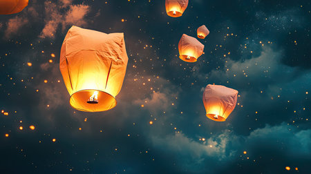 A mesmerizing scene of floating lanterns lighting up the night sky, creating an enchanting atmosphere filled with stars and clouds, perfect for celebrations.の素材