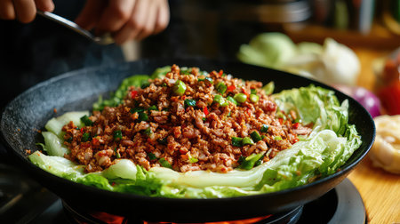 A mouthwatering stir-fry featuring ground meat sautの素材