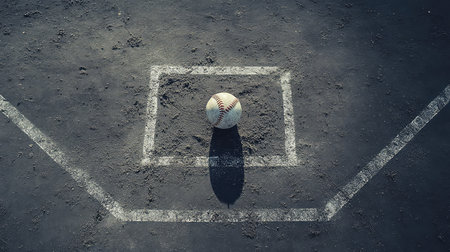 A solitary baseball rests in the center of a dusty home plate area, surrounded by chalk lines on the ground, casting long shadows in the afternoon light.の素材