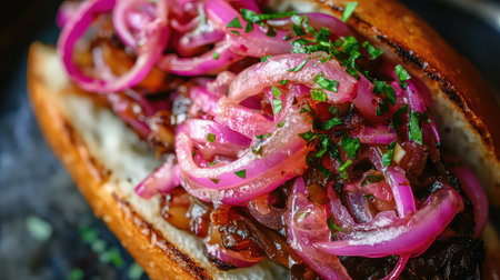 A gourmet hot dog featuring grilled meat topped with pickled pink onions and fresh herbs, served on a toasted bun, perfect for any food lover.の素材