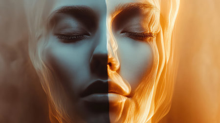 A captivating close-up of a serene face illuminated by ethereal light, blending orange and blue tones to create a dreamlike atmosphere filled with emotion.の素材