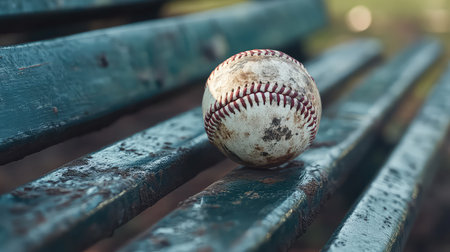 A solitary worn baseball lies on a weathered wooden bench in a park, evoking memories of outdoor sports and carefree summer days filled with play.の素材
