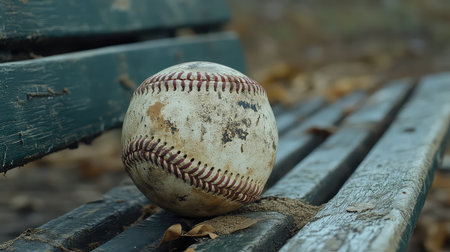 A rustic baseball lies on a weathered wooden bench, surrounded by fallen leaves, capturing a serene autumn scene perfect for evoking nostalgia.の素材