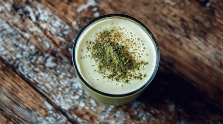 A refreshing green drink featuring rich matcha powder rests in a glass on a rustic wooden table, emphasizing health and wellness. Perfect for a vibrant start!の素材