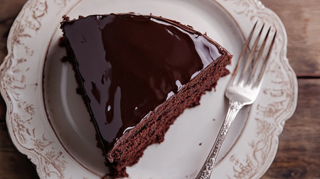 A delectable slice of chocolate cake presented on an ornate plate with a vintage fork, perfect for enticing dessert lovers in any setting.の素材
