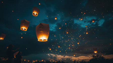 A breathtaking scene of floating lanterns illuminating the night sky amidst dramatic clouds, creating an enchanting and serene atmosphere for celebrations.の素材