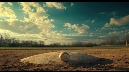 A captivating image of a baseball resting on a pitcher's mound, with a stunning sky filled with clouds during dusk, evoking a sense of tranquility and anticipation.の素材