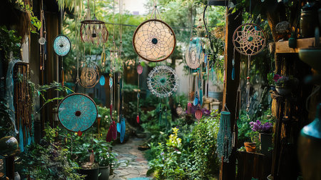 A captivating scene featuring colorful dreamcatchers gracefully hanging in a lush garden that radiates tranquility and creativity.の素材