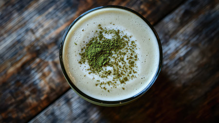 A beautifully styled glass of frothy green tea showcasing green tea powder atop on a rustic wooden background, emphasizing health and freshness.の素材