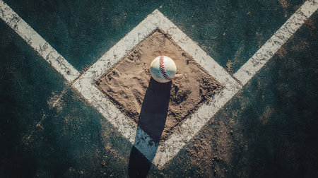 This captivating aerial shot features a baseball resting on home plate, surrounded by a mix of dirt and grass. The image highlights the gameの素材