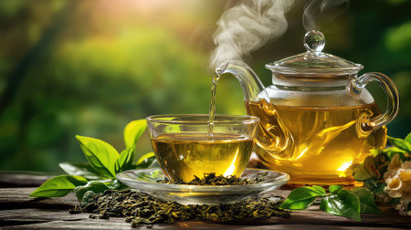 This captivating image features a steaming cup of green tea beside a glass teapot, surrounded by fresh leaves. The soft natural light enhances the calming atmosphere, perfect for relaxation and wellness.の素材