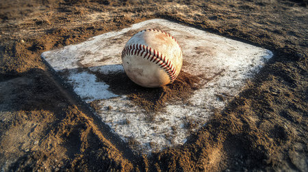 A striking image of a baseball resting on home plate, captured at dusk. The blend of dirt and fading light creates a nostalgic atmosphere, perfect for sports enthusiasts.の素材
