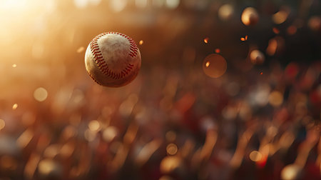 A dynamic image of a baseball mid-flight against a backdrop of an enthusiastic crowd, illuminated by the warm glow of sunset. This captures the thrill of sporting events.の素材