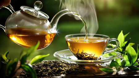 A captivating image showcasing a clear glass cup filled with steaming herbal tea, surrounded by fresh green tea leaves on a rustic wooden surface, inviting a sense of relaxation and wellness.の素材