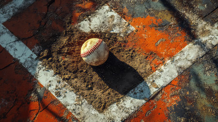 A captivating image of a vintage baseball resting on a dusty home plate, surrounded by an orange and weathered background, evoking nostalgia for the sport.の素材