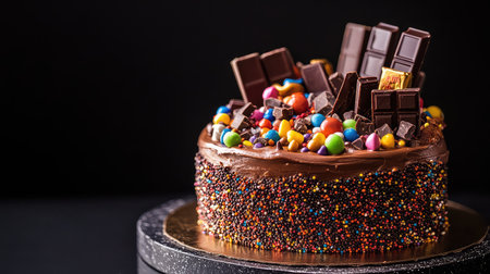 A vibrant chocolate cake adorned with a variety of colorful candies and chocolate bars, perfect for celebrations, parties, and special occasions.の素材