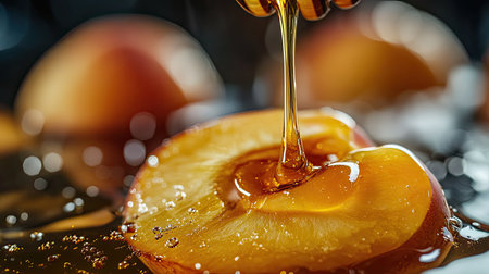 This close-up image captures the joyful moment of honey drizzling over fresh fruit slices, showcasing vibrant colors and textures ideal for food enthusiasts.の素材