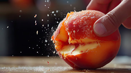 A close-up view of a hand gripping a freshly cut peach, showcasing the vibrant colors and juicy pulp. The fruit explodes with flavor, highlighting freshness and health.の素材