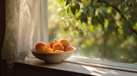A lovely arrangement of fresh peaches in a decorative bowl positioned by a sunlit window, creating a warm and inviting atmosphere that highlights freshness.の素材