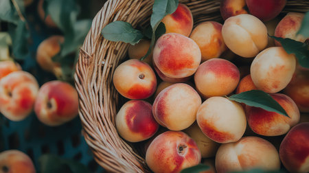 A beautiful arrangement of freshly harvested peaches in a rustic woven basket, showcasing the vibrant colors and natural beauty of summer fruits.の素材
