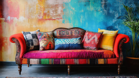 This image showcases a colorful couch adorned with various cushions against an artistic wall backdrop, perfect for adding vibrant flair to any modern living space.の素材