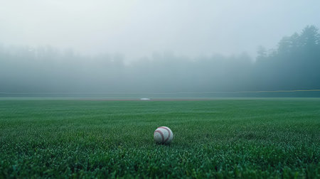 A serene foggy morning on a baseball field features a single ball resting on rich green grass, surrounded by soft mist and quiet nature.の素材