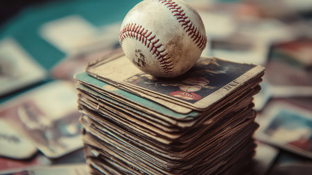 A nostalgic display featuring a stack of vintage baseball cards topped with a worn baseball. This image captures the essence of sports memorabilia and collector passion.の素材