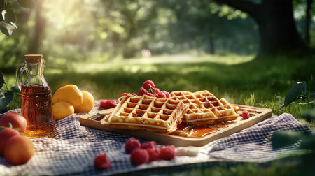 Enjoy a delightful scene of golden waffles topped with fresh raspberries and drizzled with maple syrup, set on a picnic blanket in a sunlit park.の素材