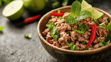 A vibrant bowl of herb-infused meat salad featuring fresh parsley, mint, and red chili, perfect for refreshing dining experiences or culinary inspiration.の素材