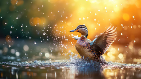 A stunning image of a duck gracefully spreading its wings, creating splashes in the water, illuminated by warm sunlight and a dreamy background.の素材