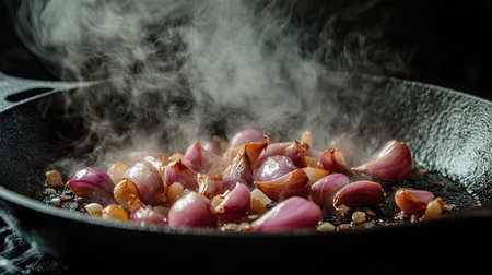 Captivating image of shallots sizzling in a cast iron pan, creating steam and an aromatic atmosphere, perfect for culinary enthusiasts and food photography.の素材