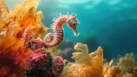 Explore the captivating beauty of a seahorse gracefully swimming amidst colorful underwater flora, showcasing vibrant colors and serene marine life.の素材