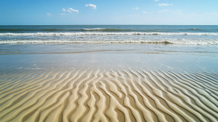 A stunning beach scene depicting gentle waves lapping against finely textured sand ripples under a brilliant blue sky. Perfect for conveying tranquility.の素材