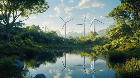 A tranquil landscape featuring modern wind turbines amidst lush greenery and a calm pond reflecting the serene sky. Perfect for nature enthusiasts.の素材