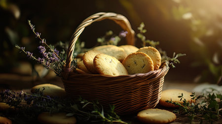A charming display of freshly baked cookies nestled in a rustic basket, surrounded by fragrant herbs and illuminated by soft, natural light.の素材