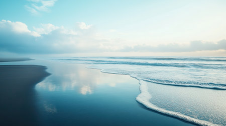 A peaceful beach scene at dawn captures gentle waves lapping against the shoreline. The soft clouds above reflect tranquil colors in the calm ocean waters.の素材