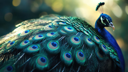 A stunning close-up image of a peacock showcasing its vibrant feathers, highlighting the intricate patterns and iridescent colors in natural light.の素材