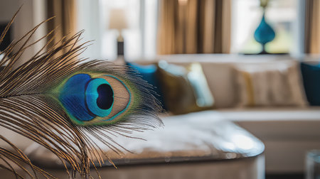 This stunning image captures a peacock feather in focus, enhancing the elegance of a modern living room with luxurious textiles and stylish decor accents.の素材