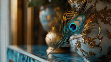 A stunning peacock feather rests delicately on an ornate vase, showcasing vibrant colors and intricate design, perfect for luxury home dの素材