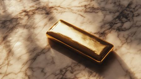 This stunning image features a gleaming gold bar resting on an elegant marble surface. The soft natural light beautifully highlights the luxurious appearance, creating an atmosphere of wealth and investment. Ideal for financial themes or luxury concepts.の素材