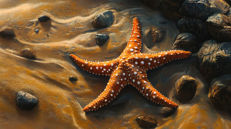 A vivid orange starfish rests on a sandy shore, surrounded by smooth rocks and gentle waves. This serene beach scene captures the beauty of marine life in its natural habitat.の素材